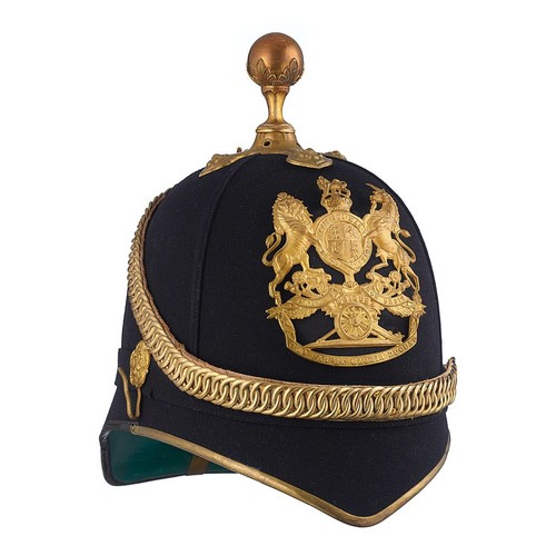 Royal Artillery Officer's 1878 Home Service Helmet. A good clean example of a blue cloth helmet, tailored by William Stone of London. Complete with gilt metal OR's cross piece, ball top and rose bosses supporting a leather backed chin chain. To the front a die-stamped Other Rank's / NCO's brass post 1901 Royal Artillery pattern helmet plate (only one set of fixing holes to the shell). The interior with leather sweatband with crimson cloth edging. The sweatband with paper label with name STONE J.S.W. Good clean condition. Possible worn by Brigadier John Southam Wycherley Stone OBE MC who was commissioned into the Royal Engineers 1914. Surviving the war he remained with the Engineers and was promoted to Temporary Brigadier Chief Engineer Southern Command 1942-43