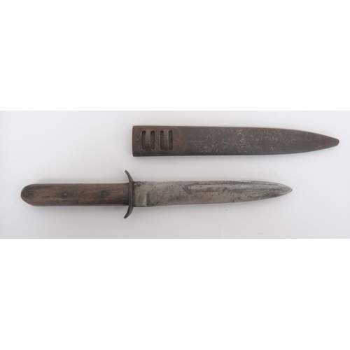 WW1 Austro Hungarian Trench Knife
7 inch, single edged, resharpened blade.  The forte with maker's stamp.  Oval, steel crossguard.  Wooden slab grips secured by 3 steel rivets.  Contained in its steel scabbard.  The rear with hook fixing.  