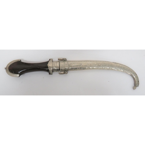 150 - Early 20th Century Jambiya
8 1/2 inch, partly sharpened, curved blade.  White metal ferrule and... 