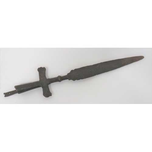 17th Century Spear Head
11 inch, double edged leaf blade with rear scroll section joining to the steel shaft.  Low cross arms and base securing shaft with small section of strengthening bar present.  