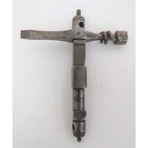 Mid 19th Century Military Issue Sergeant's Rifle Tool
central steel bar with lower hidden nipple key with screw out ramrod spike.  Upper screw out bullet screw.  Rear mounted, swivel out pricker.  The cross arm with screwdriver end and removable ramrod worm.  Various British, military issue stamps.  