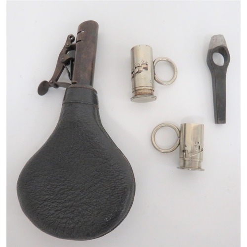 254 - Leather Shot Flask and Various Gun Tools
small grained leather bag flask.  Steel nozzle with ad... 