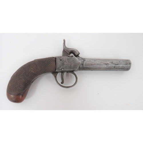 Mid 19th Century Pocket Pistol
10 mm, 2 1/2 inch, turn off barrel.  Lower proof stamp.  Steel, flat side body with engraved foliage spray.  Central, plain percussion hammer.  Steel trigger guard.  Heavily checkered, bag shape grip with white metal, oval escutcheon. 