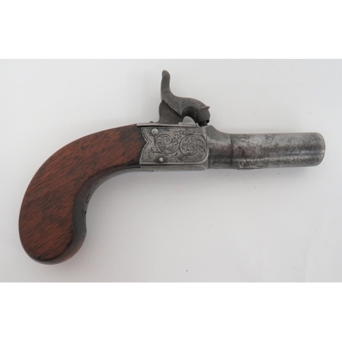 Mid 19th Century Pocket Pistol by Smith
54 bore, 1 3/4 inch, turn off barrel.  Steel, flat side body with engraved foliage scrolls and maker "Smith Braintree".  Central dolphin head percussion hammer.  Flip down, hidden trigger.  Polished wooden, flat side, bag shape grip with white metal oval escutcheon.  