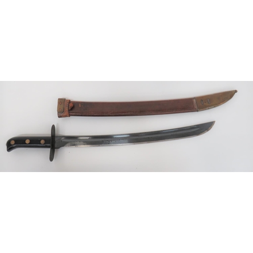 Dutch Klewang Short Sword
18 inch, single edged, blued blade with fuller.  Sheet steel, oval crossguard.  Black composite slab grips secured by three brass rivets.  Contained in its leather scabbard with brass chape.  Leather stamped "CW" over "N" and "11.41" over "Z". 