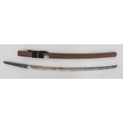 Japanese Signed Tang Blade and Wooden Scabbard
25 3/4 inch, single edged blade with traces of eagle hammon.  Tang with five figure signature.  Contained in a later wooden scabbard.  Blade rusted and over cleaned.  