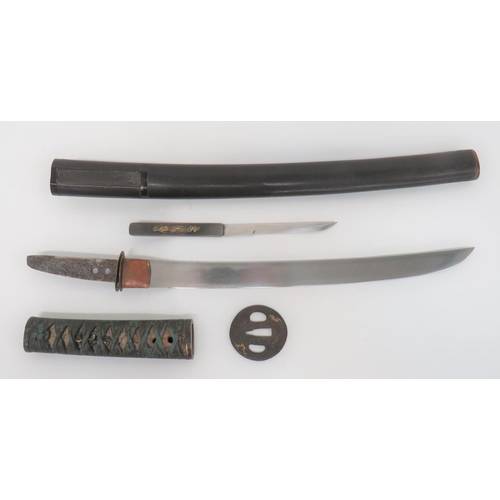 71 - Japanese Unsigned Tang Wakizashi Short Sword
14 inch, single edged, polished blade.  Short double ho... 