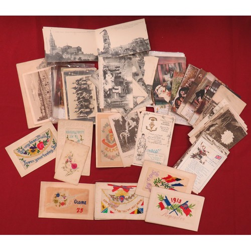 Selection of WW1 Postcards
including silk embroidery examples ... Sentimental sets ... French towns and battlefields  ... Old Bill examples.  