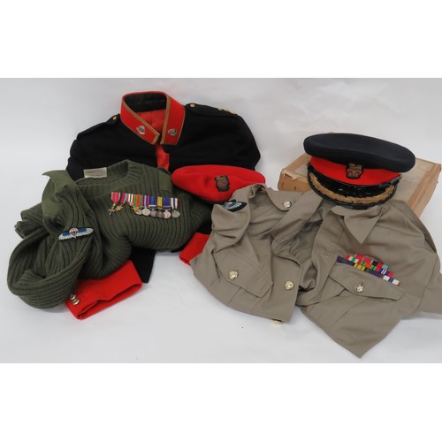 Attributed LRDG/SAS Brigadier's Post War RMP Uniform and Miniature Medals
all attributed to Brigadier M Matthews CBE.  Consisting post 1953 Brigadier's dress cap in dark blue with red band, bullion embroidery QC badge.  Black peak with gilt embroidery oak leaf edging ... Red RMP beret with bullion embroidery QC badge ... Blue mess jacket with red facing.  Brigadier's shoulder rank.  Silvered, QC RMP collars.  Complete with red mess waistcoat ... Post war pullover.  The right arm with SAS wings ... Khaki drill bush jacket.  Right arm with SAS wings.  Left chest with medal ribbons.  With matching trousers ... Miniature medal group consisting CBE, 39/45 Star, Italy Star, Defence medal, War medal, GSM with Palestine 45-48 bar, AGS with Kenya bar, GSM with Northern Ireland bar, Queens 1977 Jubilee medal.  All mounted as worn. 
all relating to Brigadier Michael Matthews.  2nd Lt 60 Rifles 19 Dec 1942, Lt LRDG/SAS 1944, Bays 1947, Major RMP 1957, Lt Col 1967 RMP, Col 1972 RMP, Brigadier 1977 RMP, 1977-80 Provost Marshall.  