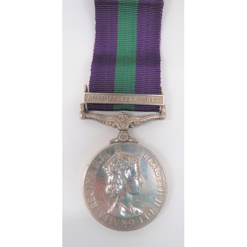 Royal Army Ordnance Corps General Service Medal
clasp ARABIAN PENINSULA. Awarded to 23148757 PTE C FEENEY RAOC.