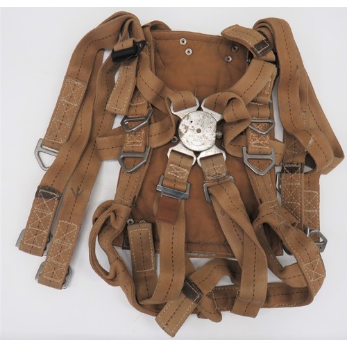 399 - Post War X Type Parachute Harness
brown webbing harness with black central line.  Central alloy rele... 