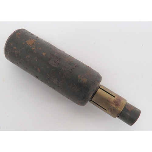 Inert No 24 MKII Short Rifle Grenade
cast steel, tubular body with traces of red paint (ammonal).  Top brass detonator housing with detonator absent.  Lower brass, set back collar to hold a steel rod (rod absent).  