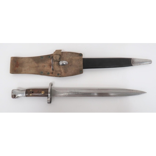 Rare 1888 MKI 1st Type Regimentally Stamped Norfolk Regiment Bayonet
12 inch, double edged blade.  Forte marked with crowned VR over "1/90" and reverse with broad arrow "W.D.".  Steel crossguard, muzzle ring and pommel which is marked "N.R. 78. 114".  Wooden slab grips secured by 3 brass rivets.  Contained in its leather scabbard with steel mounts.  Complete with white buff leather, 1888 pattern, Slade Wallace frog.  