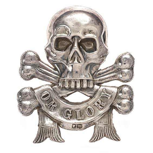 17th DCO Lancers Victorian NCO silver pre 1890 arm badge.  A good early die-stamped skull and crossed bones stamped with Victoria head and lion.    Three loops replaced with glued single central loop.  Minor service wear. GC  Gordon Dine Collection