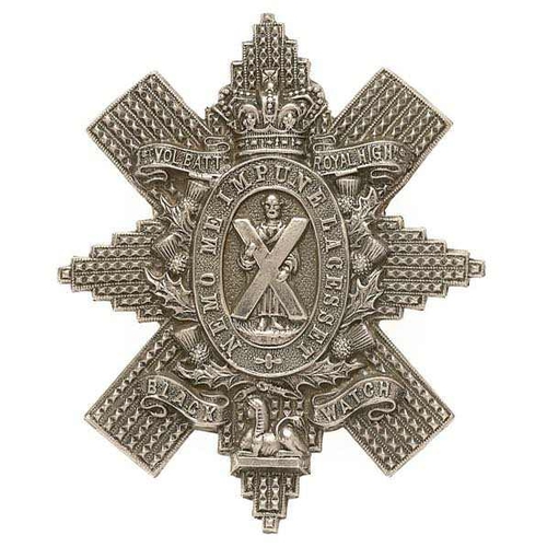 Scottish. 1st (Dundee) VB Black Watch Victorian glengarry badge circa 1887-1901.  Good scarce die-stamped white metal Thistle star bearing title scrolls and crowned oval motto (LACESSET) resting in thistle sprays with Sphinx below; St. Andrew to centre.    Loops.  VGC