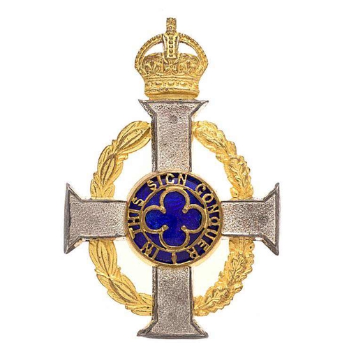 British Army Officiating Chaplain's pre 1953 scarf badge. Fine large die-cast silvered, gilt and blue enamel example. Stout brooch pin VGC Worn by visiting clergy when called to minister at garrisons and camps not having their own resident RAChD chaplain.