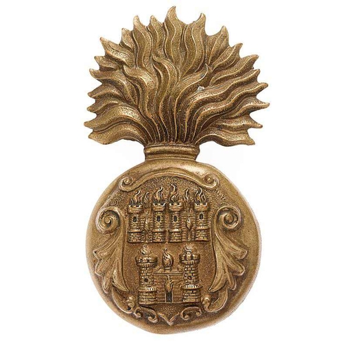 Irish. Royal Dublin Fusiliers Victorian glengarry badge circa 1881-96.  Good die-stamped brass flaming grenade, the ball embossed with three burning castles being the Arms of Dublin.    Toned loops.  VGC