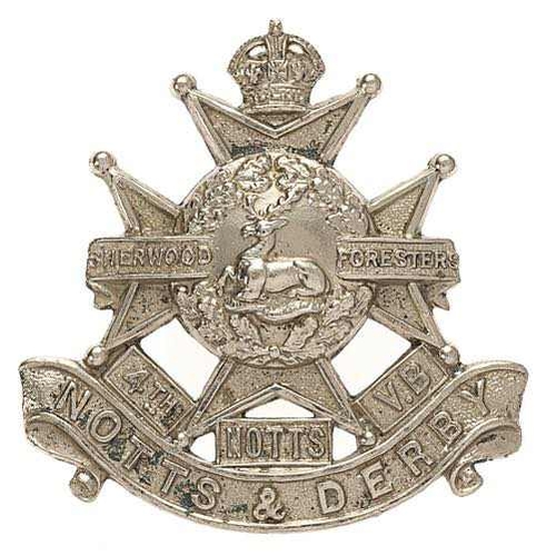 4th (Nottinghamshire) VB Sherwood Foresters (Notts & Derby Regt) cap badge circa 1902-08.  Good scarce die-stamped white metal crowned Maltese cross, over three tablets 4TH  NOTTS  V.B, resting on scroll.    Loops.  VGC  HQ Newark