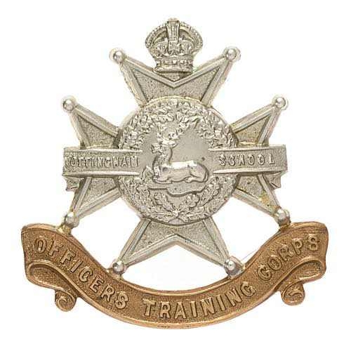 80 - Nottingham School OTC cap badge circa 1908-40.  Die-stamped bi-metal example of Sherwood Foresters p... 