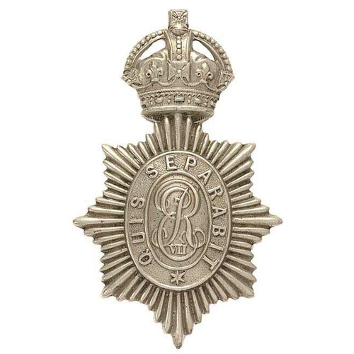 Irish. Dublin Metropolitan Police EVIIR cap badge 1902-10.   Good rare die-stamped white metal issue. Elongated crowned star bearing QUIS SEPARABIT oval; EVIIR to solid centre.    Loops.  Minor service wear. GC