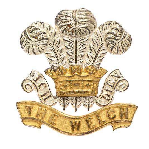 92 - Welch Regiment post 1920 Officer cap badge.   Good scarce die -cast silvered Prince of Wales plumes ... 