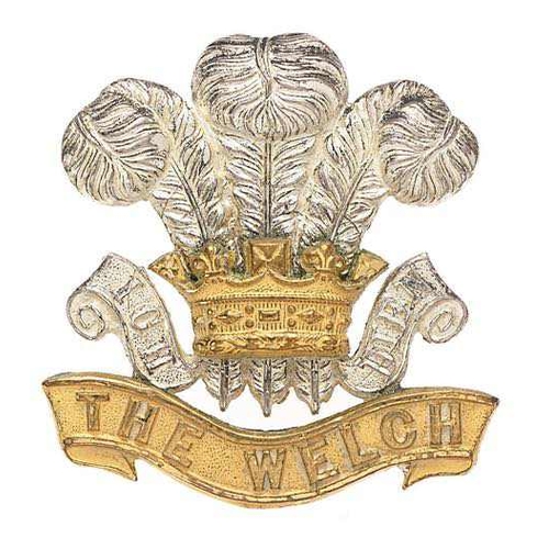 95 - Welch Regiment post 1920 Officer cap badge.   Good scarce die -cast silvered Prince of Wales plumes ... 