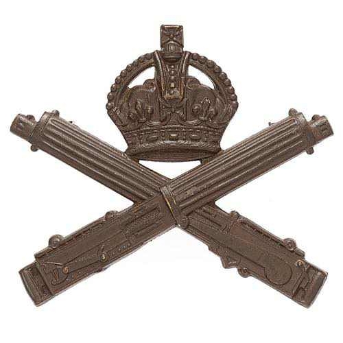 96 - Machine Gun Corps WW1 OSD cap badge.  Good scarce die-cast bronze crowned crossed Vickers machine gu... 