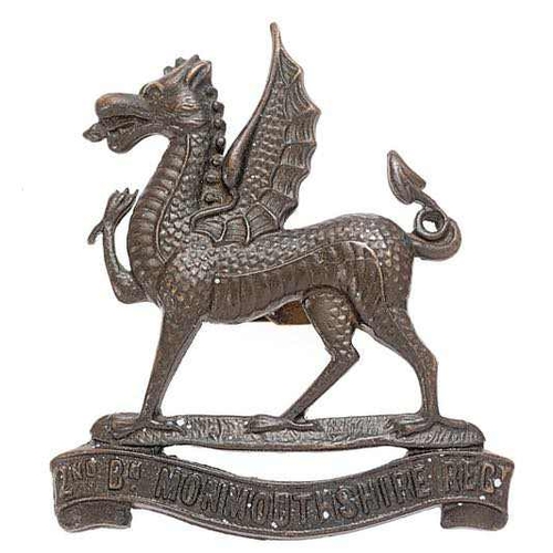 108 - Welsh. 2nd Bn. Monmouthshire Regiment post 1908 OSD cap badge.  Good scarce die-cast bronze Dragon o... 