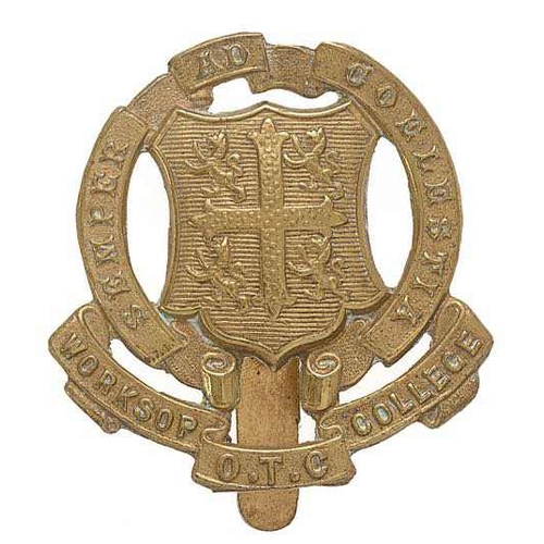 115 - Worksop College OTC Nottinghamshire cap badge.  Good scarce die-stamped brass School Arms shield wit... 