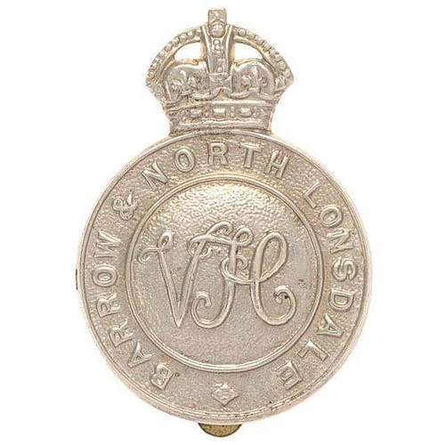 140 - Barrow & North Lonsdale VTC WW1 cap badge.  Good scarce die-stamped white metal crowned circlet BARR... 