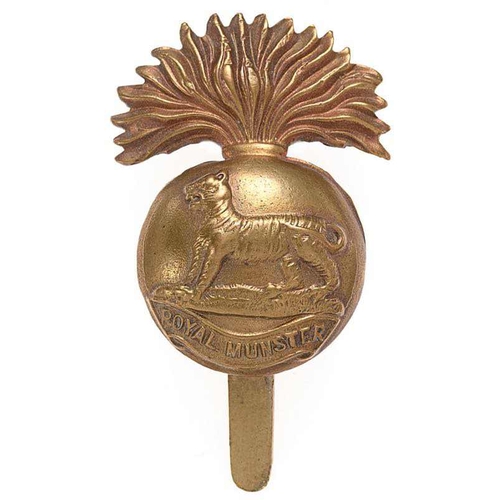 Irish. Royal Munster Fusiliers WW1 brass economy cap badge circa 1916-18.  Good scarce die-stamped flaming grenade, the ball bearing Royal Tiger on ROYAL MUNSTER scroll.    Slider  VGC  Provenance. Ex Hugh King Collection,