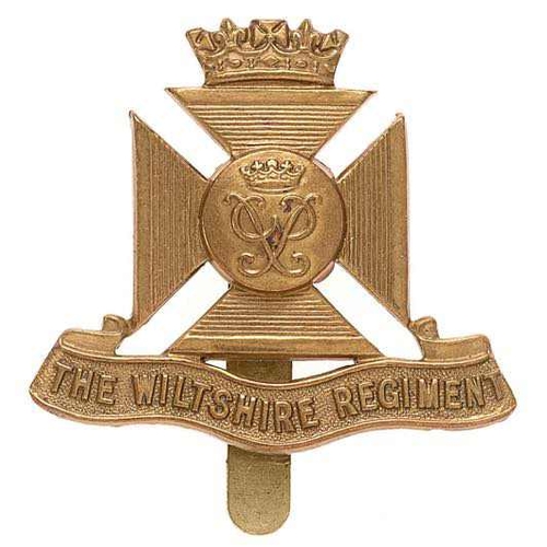 Wiltshire Regiment cap badge circa 1954.  Good scarce die-stamped brass coronated cross pattee resting on title scroll; central disc bearing the coronet and cypher of Prince Philip.  J.R. Gaunt  London  Slider  VGC