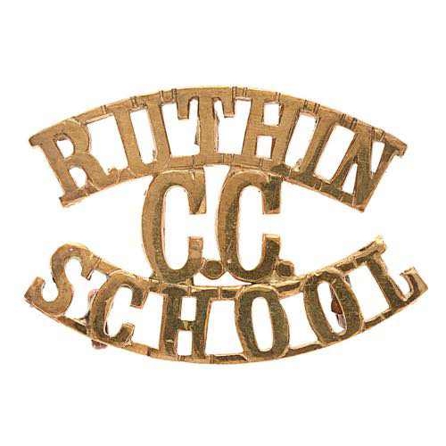 RUTHIN / CC / SCHOOL Welsh cadet shoulder title badge.  Good scarce die-cast brass issue.    Loops  VGC  Recognised 1917 and affiliated to 4th Bn. RWF