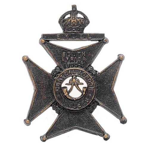 22nd Middlesex, Central London Rangers cap badge circa 1905-08 only.  Scarce die-stamped blackened brass crowned EXCEL tablet over Maltese cross bearing SOUTH AFRICA 1900-02 and CENTRAL LONDON RANGERS circlet; strung bugle to voided centre.    Loops.  VGC  Honour granted 1905.