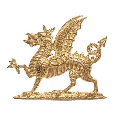 Welsh. Officers cap badge.  Fine die-cast gilt brass Welsh Dragon.    Long loops.  VGC  Glamorgan Yeomanry pattern but their Officers usually wore silver wire or bronze examples.