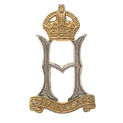 313 - 23rd Hussars war raised cavalry WW2 Officer cap badge circa 1940-46.  Good gilt crowned silvered let... 