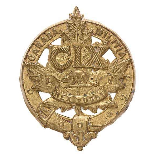 316 - 109th Regiment of Canadian Militia cap badge circa 1914.  Good scarce die-stamped brass Maple leaf, ... 