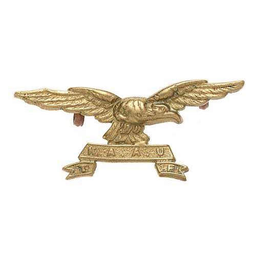 Kenya Regiment Auxiliary Air Unit Territorial Force WW2 cap badge circa 1940-45.  Good rare well cast brass eagle in flight resting on K.A.A.U  TF scroll.    Loops.  Service wear