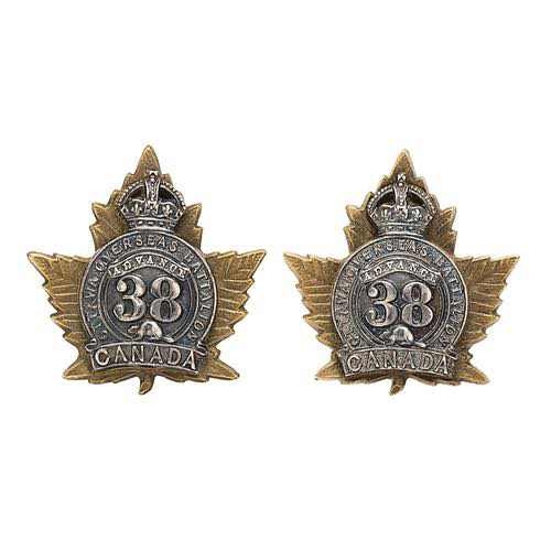 350 - Canadian 38th (Ottawa) Bn. WW1 CEF Officer pair of collar badges.  Fine die-cast bronze gilt Maple l... 