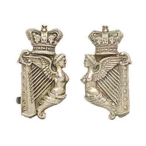 Liverpool Irish Rifle Volunteers (64th and 18th Lancs.R.V.C.) facing pair of Victorian collar badges.  Good rare facing matched pair of die-stamped crowned white metal Maid of Erin Harps with non-voided strings. (2 items)    Toned loops.  VGC