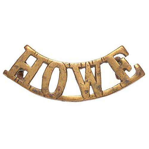 HOWE WW1 Royal Naval Division RND shoulder title badge.  Good scarce cast brass issue.    Loops.  VGC