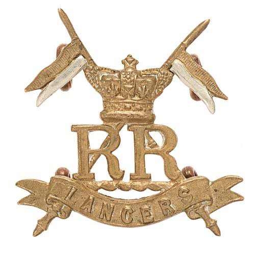 Boer War Her Majesty’s Reserve Regiment of Lancers cap badge.  Good scarce die-cast brass crowned RR on LANCERS scroll superimposed on crossed lancers with bi-metal pennons.    Four loops.  VGC  HQ Ballincollig, Co. Cork. Formed February 1900; disbanded 14th May 1901.