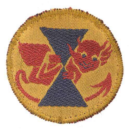 403 - 21st Army Tank Brigade WW2 cloth embroidered formation sign badge.  Red devil looking round blue Dia... 