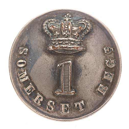 1st Somerset Militia Victorian Officer coatee button pre 1855.  Good scarce silvered closed-back bearing crown over 1 resting in SOMERSET REGT semi-circle. Approx. 16 mm.  Jennens, London  Shank  VGC