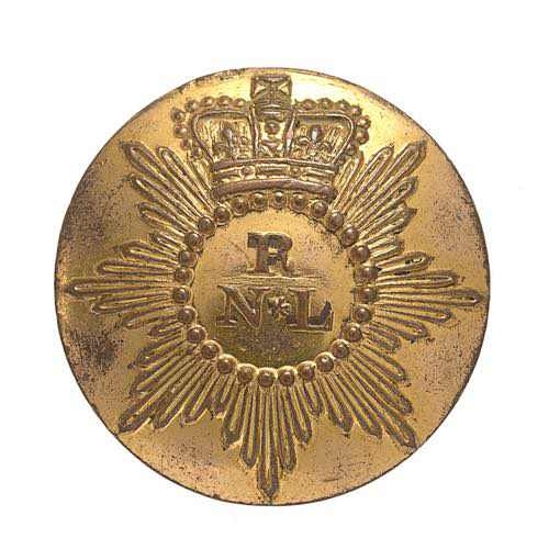 Royal North Lincoln Militia George III Officer coatee button circa 1800-10.  Good scarce gilt open-back bearing crowned star; central R/N.L. Approx. 21 mm  I McGowan London  Shank  GC