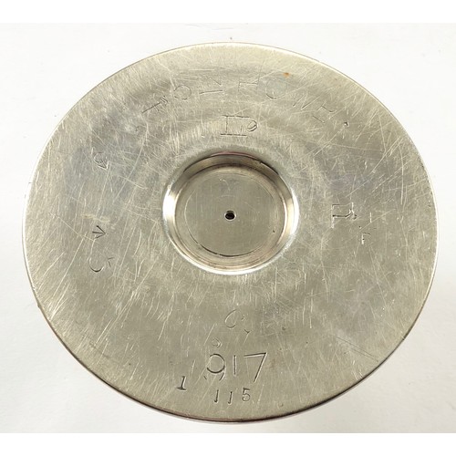 172 - WW1 Trench Art Candlestick and Fuse Caps.Comprising: a candlestick made from the base of a 1917 4.5 ... 