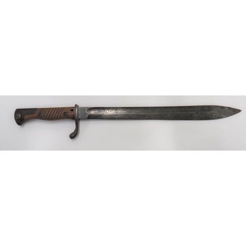 WW1 Imperial German G98 Butcher Bayonet
14 1/4 inch, single edged blade widening towards the point. Wide fuller.  The forte with maker "C G Haenel Suhl.".  Back edge dated 15.  Steel, turn up quillon crossguard and pommel.  Wooden grooved slab grips.  