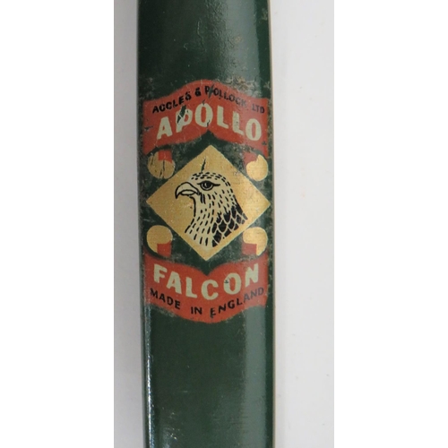 158 - Late 20th Century Apollo Falcon Long Bow
green painted steel, recurve bow with alloy end tips.  Cent... 