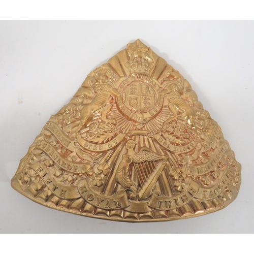 309 - Fifth Royal Irish Lancers Helmet Plate
brass, Victorian crown royal coat of arms over Irish harp and... 