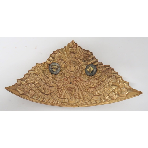 309 - Fifth Royal Irish Lancers Helmet Plate
brass, Victorian crown royal coat of arms over Irish harp and... 